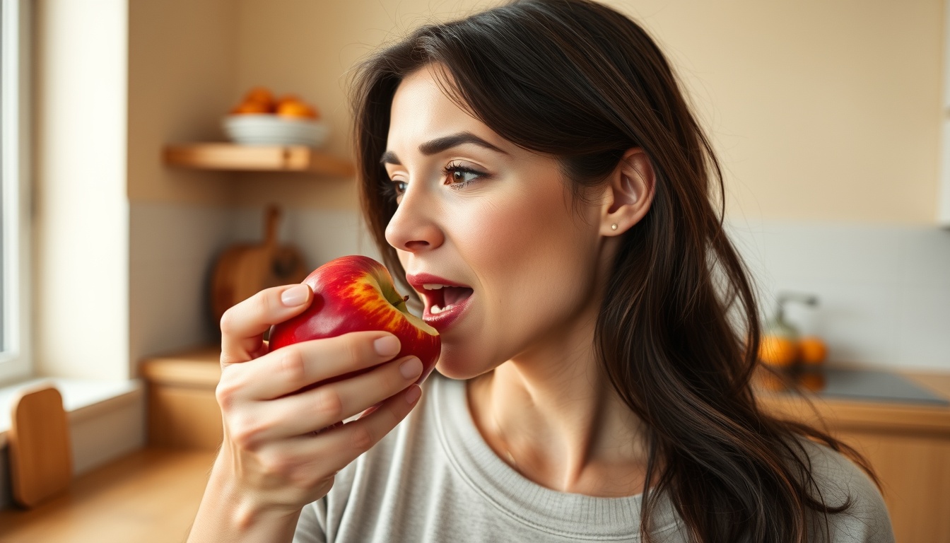 Девушка с надкушенным яблоком: bite означает откусить, а chew — жевать.